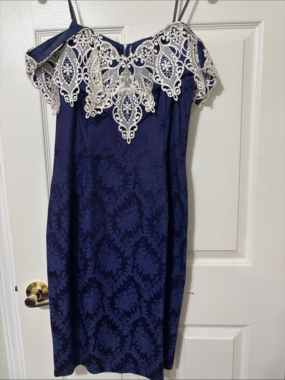 Vintage Scott McClintock Navy Blue Lace-Overlay Off-Shoulder Dress
